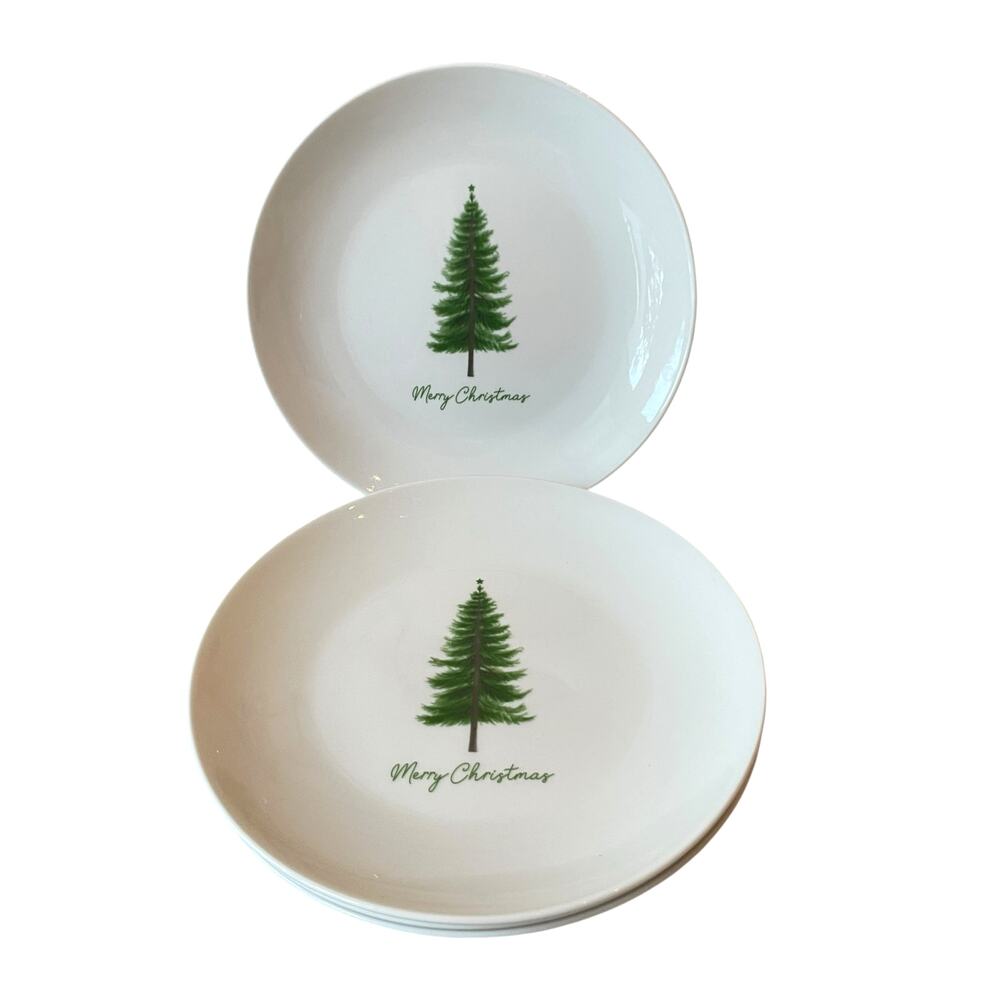 Elum Home Christmas Tree Appetizer Plates 8in Green White Set of 4 NEW